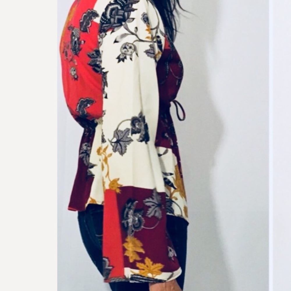 Burgundy Coral Multicolor Bell Sleeve Tie Top - Picture 6 of 8